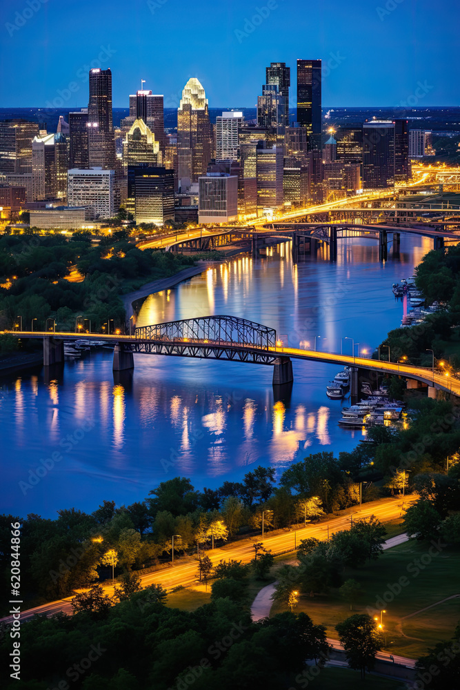 View of the city at night. Inspired by Minneapolis, Minnesota, USA. Travel, Poster.