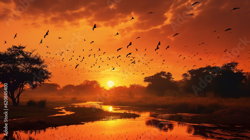 Sunset in Africa with animals silhouette