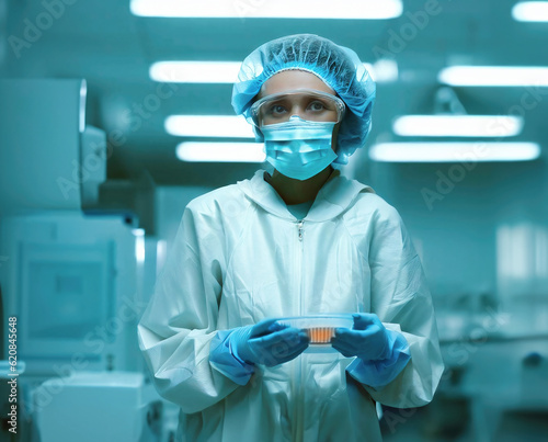 Employee in a clean room with waver. Generative AI