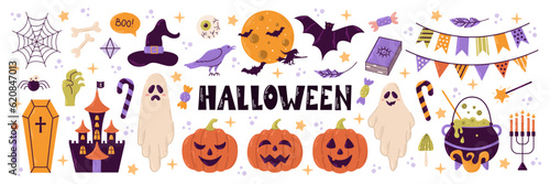Happy Halloween set of elements, ghost, pumpkin, bat and cat. Vector is cute illustration in hand drawn style