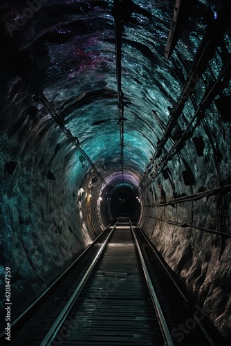Tunnel at the length of infinity, reaching the blackness of the cave. Tunnel under glacier river filled with various luminous ore veins, gems and ingots. Railway track