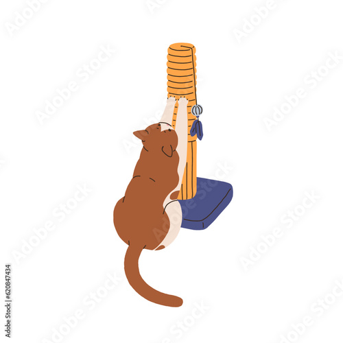 Cute cat stretching paws on scratching post, jute pole, sisal tower. Funny ad...