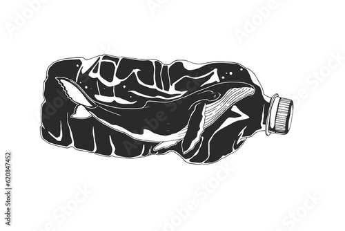 Vector hand-drawn illustration of whale in plastic bottle isolated on white. Sketch with a sea animal. Art about the pollution of the world ocean with disposable plastic. Environmental problem.