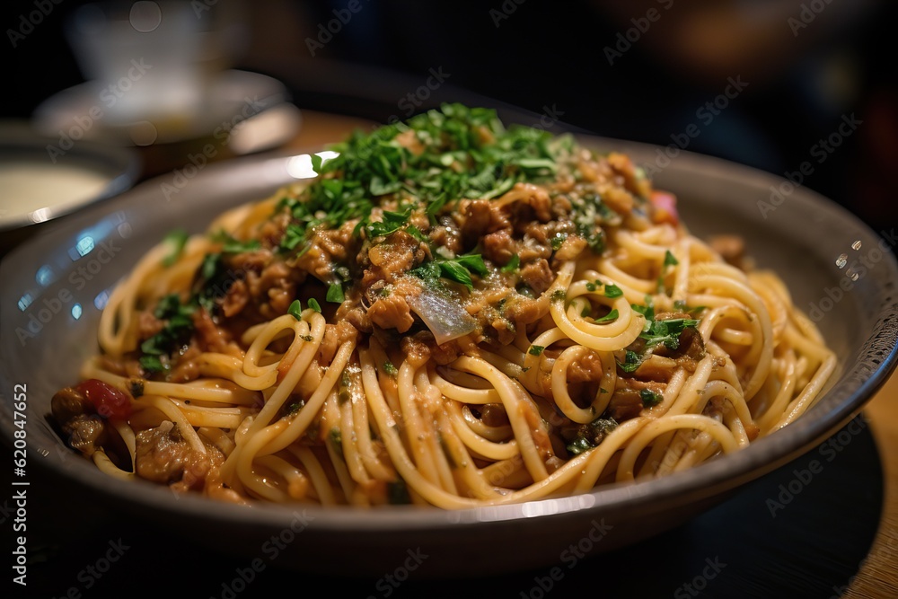 Creamy pasta with chicken, mushrooms. Healthy Italian food. 