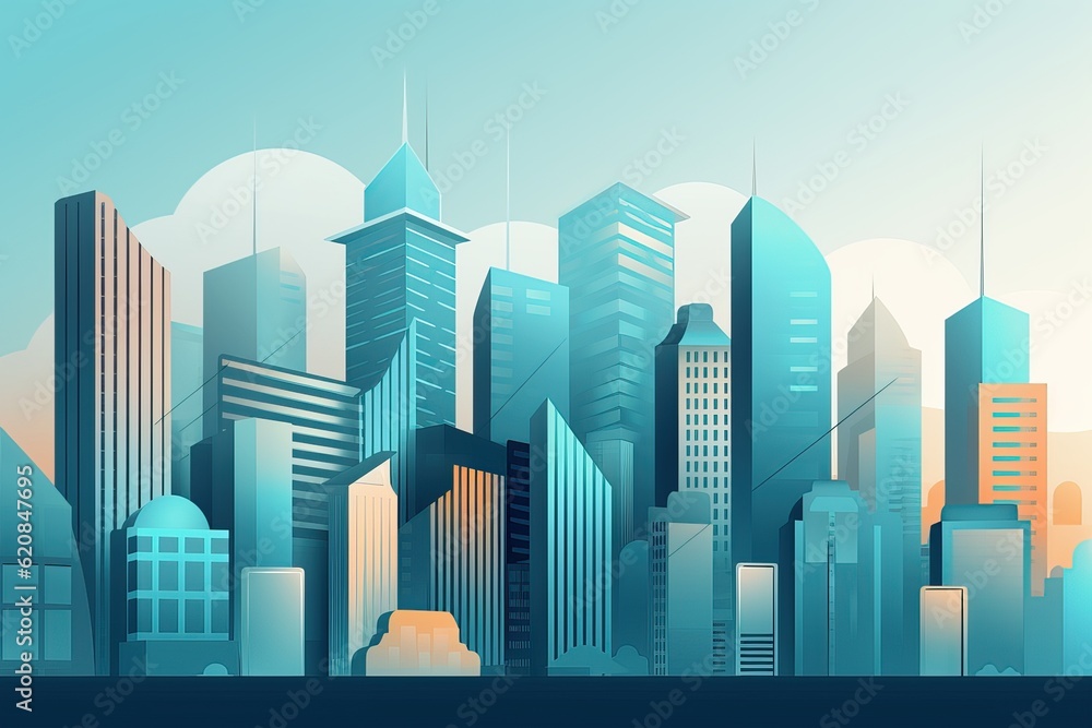 City roof skyscrapers view. Wall of big urban buildings, city town panorama. Top corporate apartment to skyline, downtown tower house  background. Illustration in blue tones. Generative AI