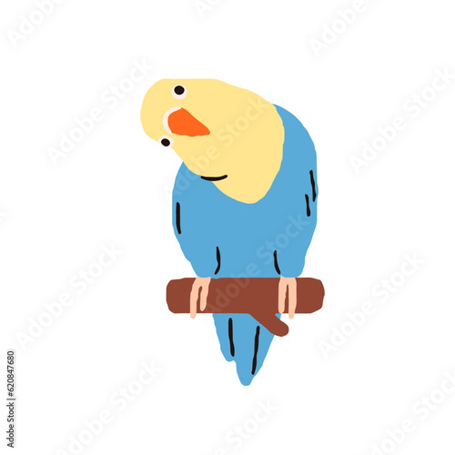 Lovebird, cute small parrot. Exotic tropical birdie sitting on perch. Funny adorable amusing little bird with bicolor plumage. Flat vector illustration isolated on white background