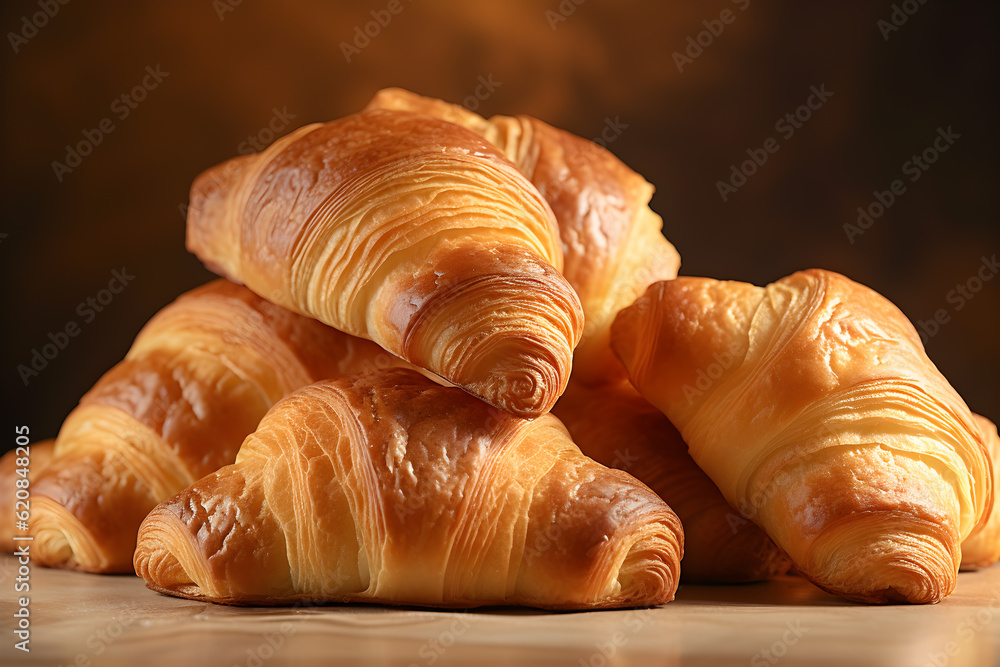 several freshly baked french butter croissants on wooden board. Generative AI technology