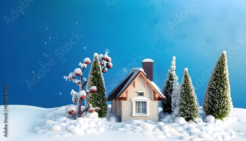 A snowy house and plants. winter, snow, tree, season, cold, village, sky, blue, holiday, home, house, scene, AI Generated © Al Baloshi