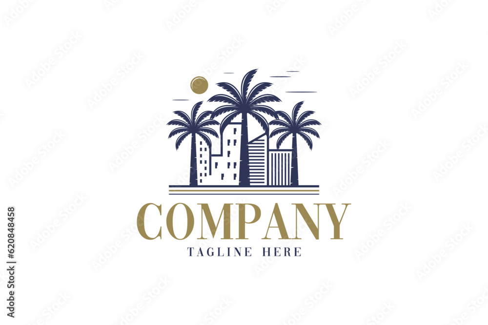 Naklejka premium Creative logo design depicting a palm tree city- Logo Design Template 