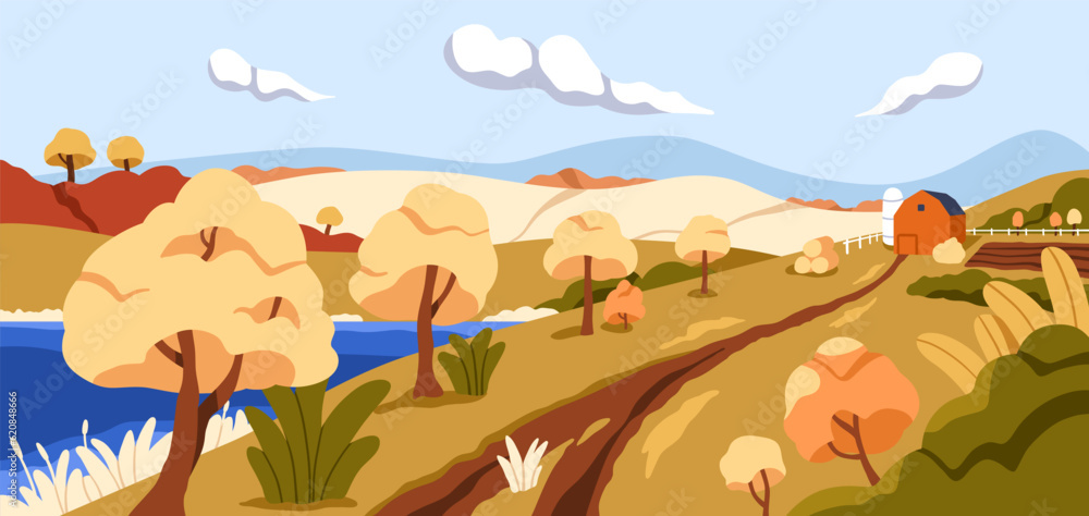 Autumn nature, fall landscape panorama. Rural countryside scenery with path way, agriculture field, yellow trees, lake water, hills. Country panoramic view with footpath. Flat vector illustration