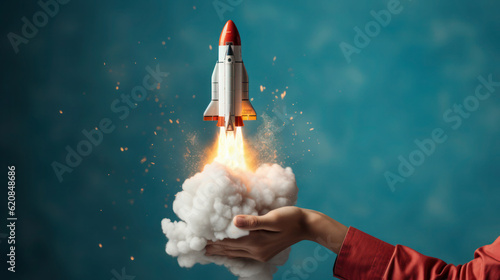 Print op canvas Cosmic Exploration: Space Rocket Launching from Womans Hand against Blue Blurry