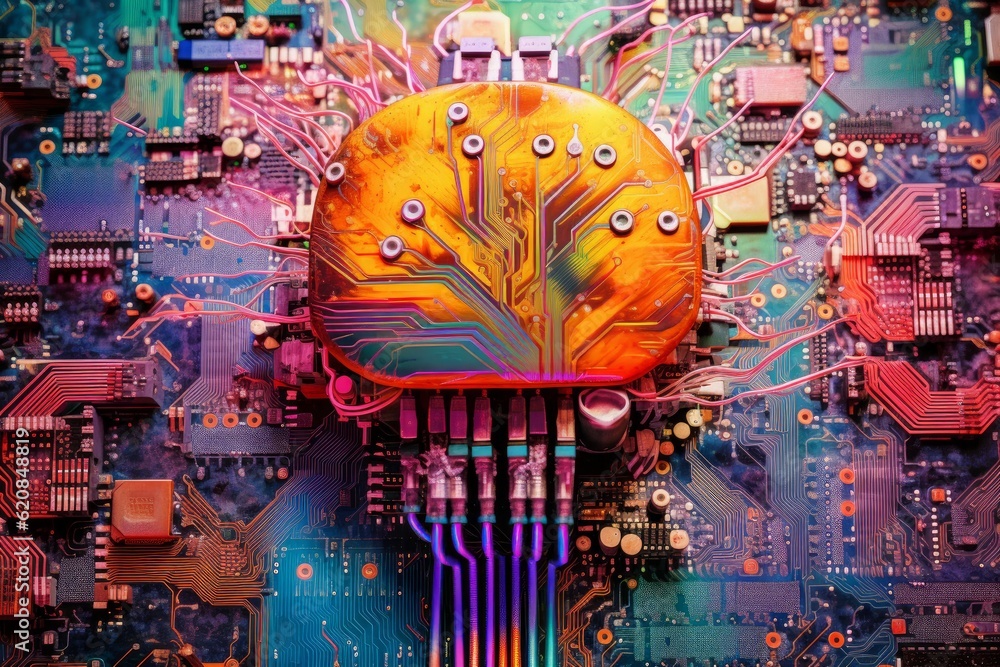Fototapeta premium Colorful collage of brain an implanted powerful processor. Generative AI 2