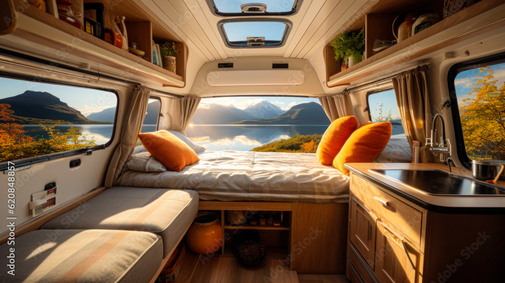 Fototapeta premium Exploring in Style: Camper Van Interior with a Scenic Outdoor Backdrop