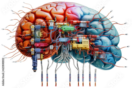 Colorful collage of brain, engine, education, discovery, light bulb, technology with transparent background. Generative AI 17
