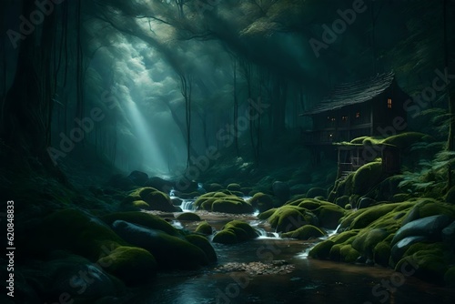 Fantasy wonderland landscape in dark forest