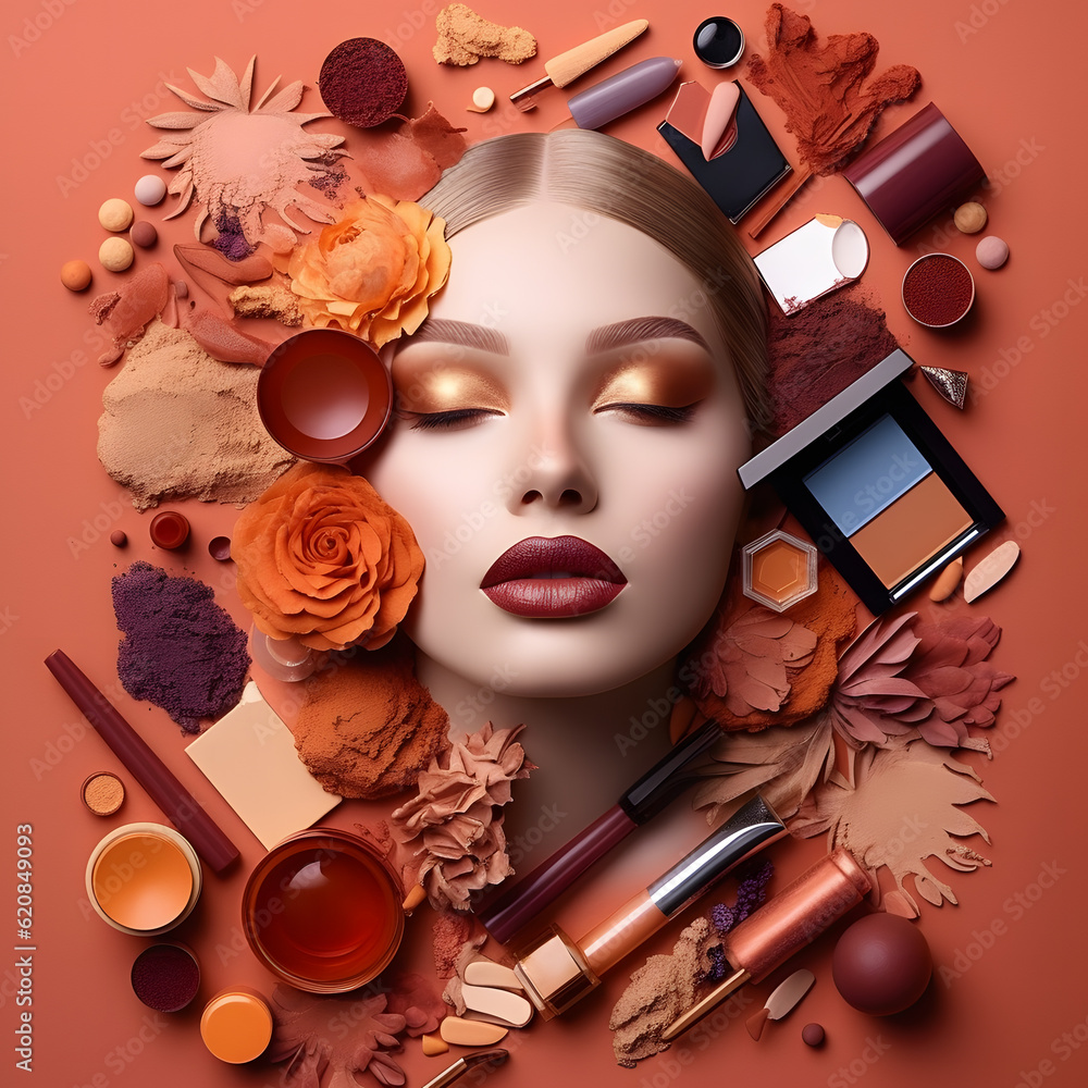 Cosmetic still life composition , beauty face of model with beauty make up in nude brown tone and different cosmetic accessories brushes, powder ,fundation, lipstick , eyeshadow.Ai generative - obrazy, fototapety, plakaty 