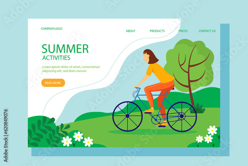 Landing page template. Young girl cycling in the park in summer. illustration.
