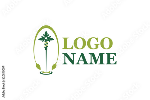 Creative logo design depicting acupuncture needle surrounded by green leaves, designated to the fashion or apparel industry.