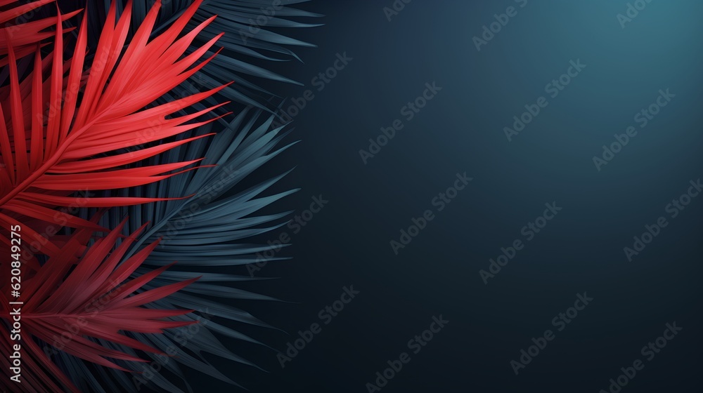 An abstract modern background features a stylized palm design, awash in a unique color blend of striking red, phantom blue, and warm coral. Generative AI