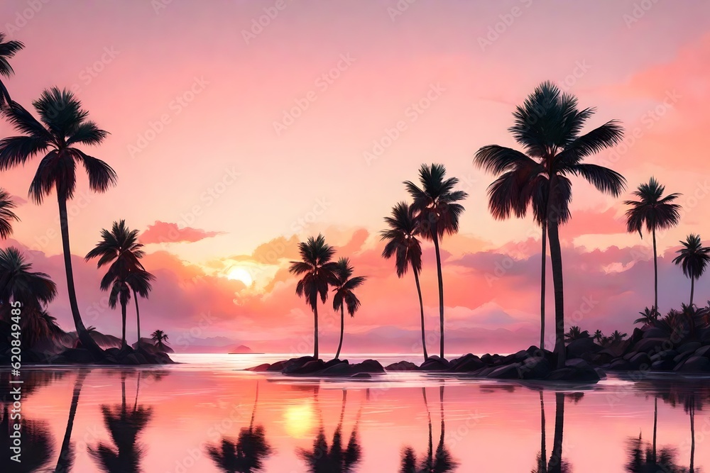Fototapeta premium island oasis blanketed in a soft, pink sunset