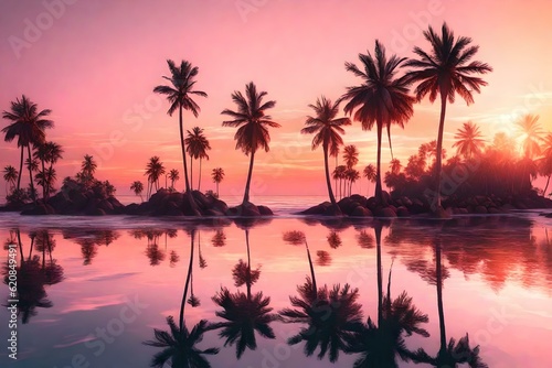 island oasis blanketed in a soft  pink sunset