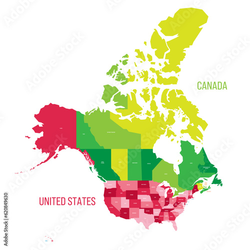 United States and Canada political map of administrative divisions. Colorful vector map with labels.