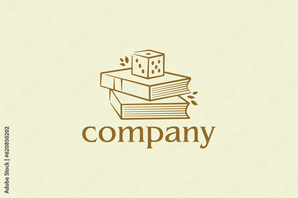Creative logo design depicting a book with a dice on top, designated for the gaming industry.	