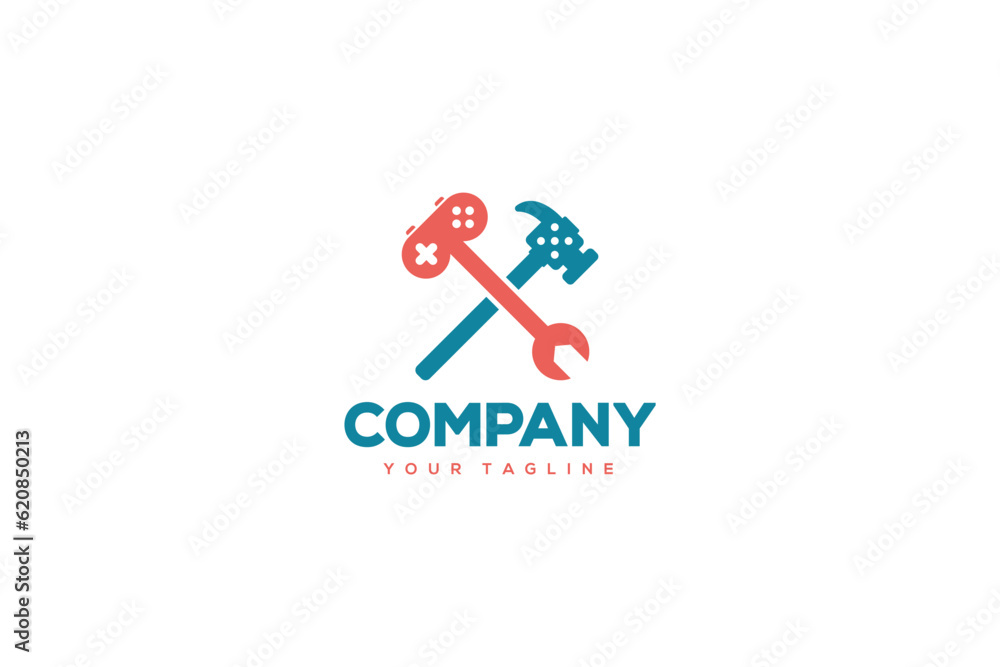 Creative logo design depicting a hammer and a wrench shaped like controllers, designated for the gaming industry. Creative logo design depicting a hammer and a wrench shaped like controllers, designated for the gaming industry.