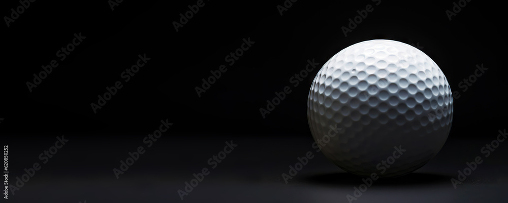 Close-up of golf ball isolated on black backdrop. Generative AI Close-up of golf ball isolated on black backdrop. Generative AI