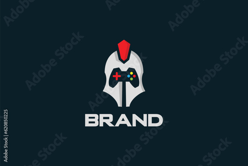Creative logo design depicting a warrior with a controller in negative space, designated for the gaming industry.	