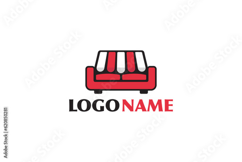 Creative logo design depicting a sofa with a store cover, designated for the furniture industry.	