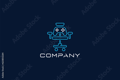 Creative logo design depicting a gaming chair shaped like a controller, designated for the furniture industry.	