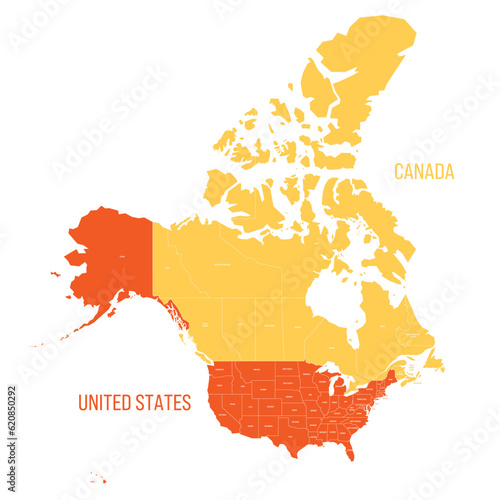 United States and Canada political map of administrative divisions. Colorful vector map with labels.