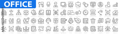 Office icon set. Work in office icons. Briefcase, meeting, employee, desk, computer, schedule, co-worker and more. Vector collection.