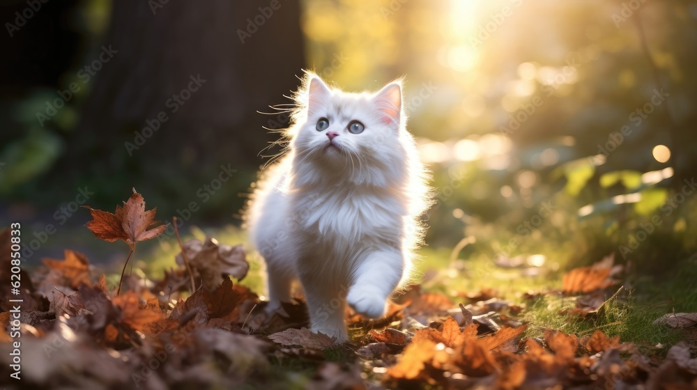 Fluffy white kitten pounces playfully on fallen leaves. Chasing sunbeams as it explores the garden. Generative AI