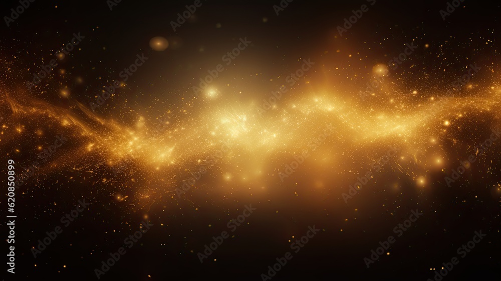 Abstract Magic Gold Dust Explosion - Beautiful Holiday Art and Galaxy Widescreen Background with Wide Angle. Generative AI