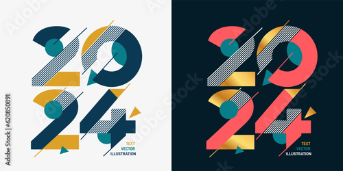 2024 Happy New Year trend logo design. 2024 Happy New Year Lettering. Template celebration typography poster, banner or greeting card for Happy New Year. 2024 symbols number. Vector Illustration.