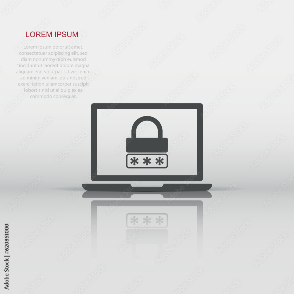 Laptop with password icon in flat style. Computer access vector illustration on white isolated background. Padlock entry business concept. Laptop with password icon in flat style. Computer access vector illustration on white isolated background. Padlock entry business concept.