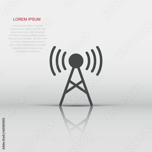 Antenna tower icon in flat style. Broadcasting vector illustration on white isolated background. Wifi business concept.