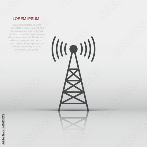 Antenna tower icon in flat style. Broadcasting vector illustration on white isolated background. Wifi business concept.