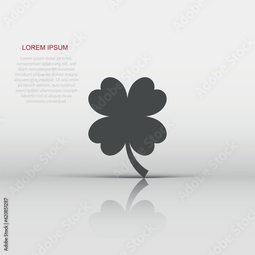Four leaf clover icon in flat style. St Patricks Day vector illustration on white isolated background. Flower shape business concept.