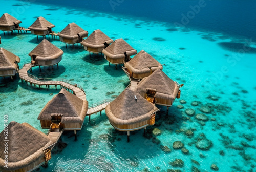 Wooden overwater villas in clear turquoise water. Generative AI photo