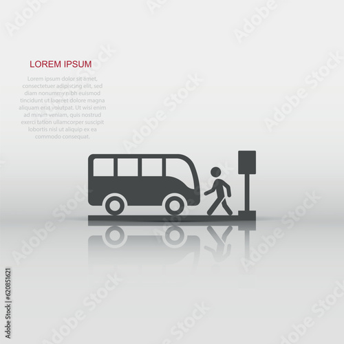 Bus station icon in flat style. Auto stop vector illustration on white isolated background. Autobus vehicle business concept.