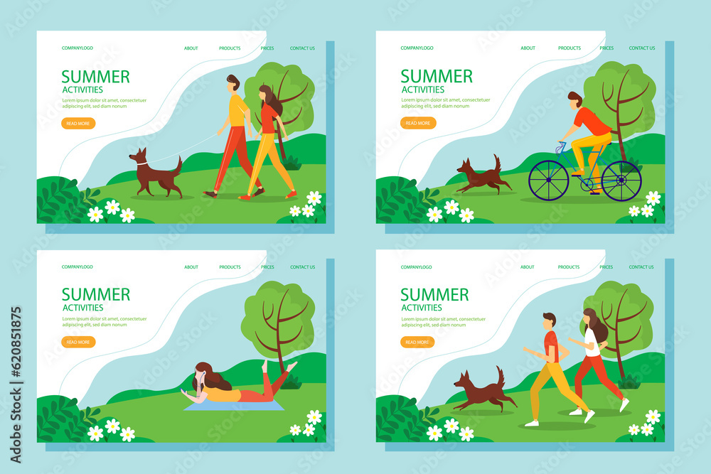 Summer activity web banner set. The concept of an active and healthy lifestyle. illustration in flat style. Summer activity web banner set. The concept of an active and healthy lifestyle. illustration in flat style.