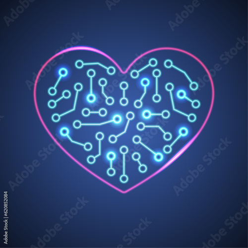 Neon heart of robot or artificial intelligence.