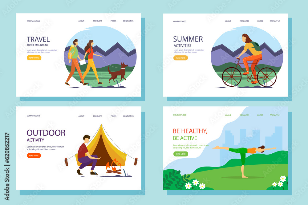 Set of web banners or landing pages. People actively spend the summer: doing yoga, traveling, walking. illustration.