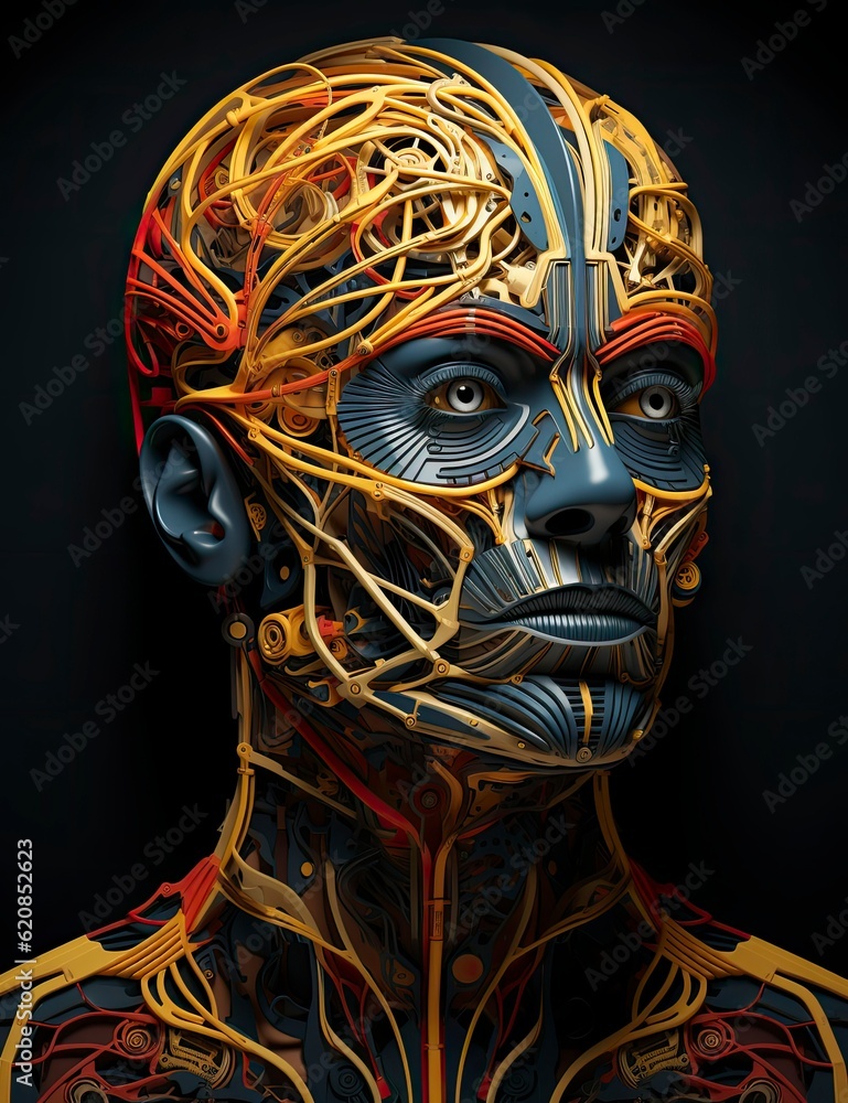 Human robot facial lines isolated on black studio background, , Generative Ai Human robot facial lines isolated on black studio background, , Generative Ai