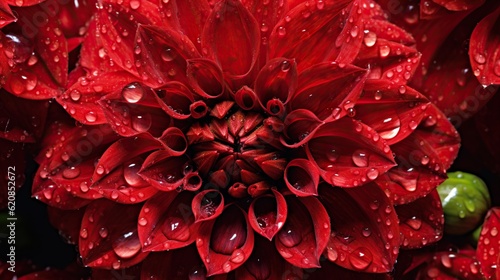 Red Dahlia flowers with water drops background. Closeup of delicate blossom with glistening droplets. Generative AI