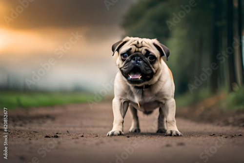 A pug dog on a dirt road with a green background © Luci