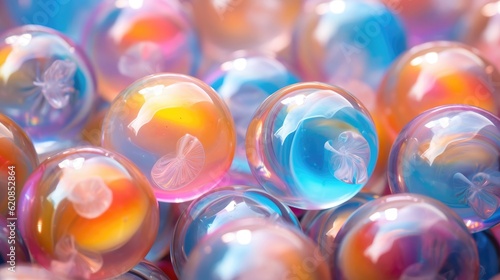Shiny colorful pastel glass marbles in a Mesmerizing pattern. Generative AI